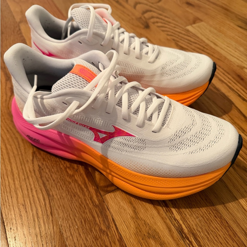 Mizuno Unisex White Athletic Shoes with Orange and Pink